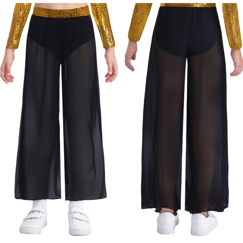 Girls Side Slit Dancing Dance Pants High Waist Jazz Cha-Cha Mesh Wide-Leg Sheer