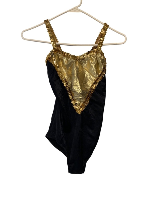 Adult Large 1 piece Bodysuit Leotard Black Gold Sequined Sleeveless Sparkle Blin