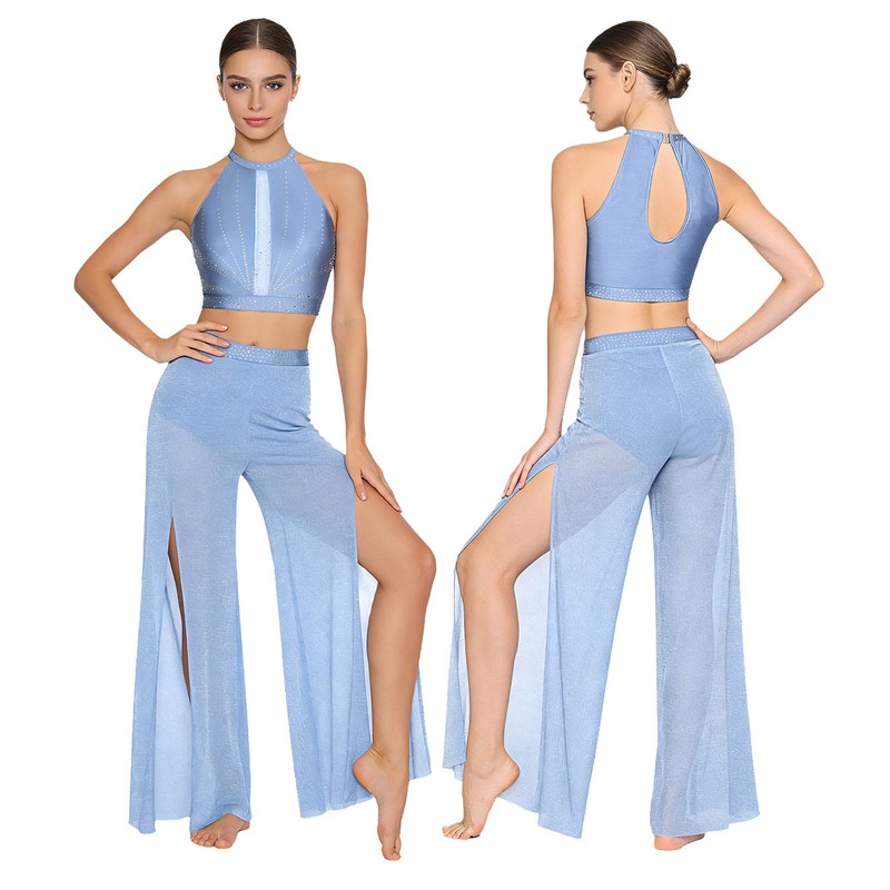 Women Set Show Dancewear Dance Outfit Shimmering Mesh Legs Ballerina Wide Leg