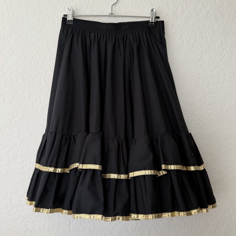 Vintage Malco Modes Skirt Womens Small Black Gold Ruffle Square Dance 70s USA