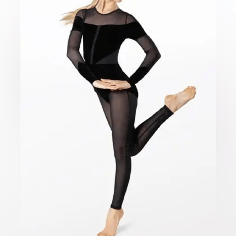 WEISSMAN Elite Dance Costume black Velvet Illusion Unitard rhinestone V12241 MA